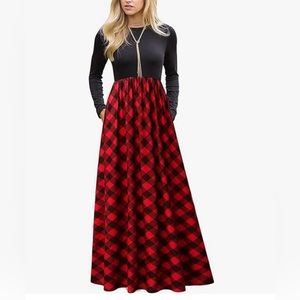 MEROKEETY Long Sleeve Plaid Empire Waist Full Length Maxi Dress with Pockets